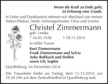 Traueranzeige von Christel Zimmermann von WVG - Wochenspiegel Quedlinburg