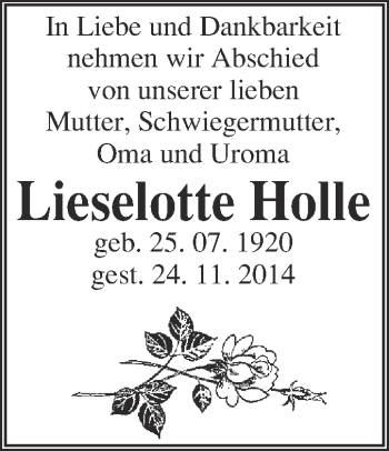Traueranzeige von Lieselotte Holle von WVG - Wochenspiegel Quedlinburg