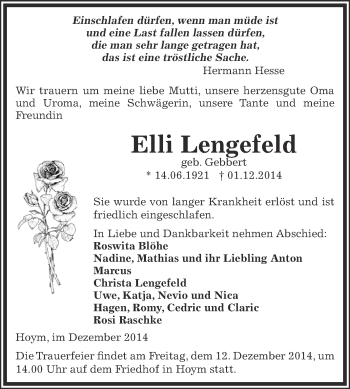 Traueranzeige von Elli Lengefeld von Super Sonntag Aschersleben