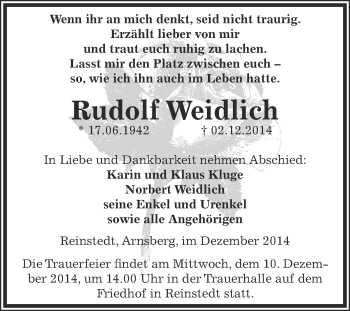 Traueranzeige von Rudolf Weidlich von Super Sonntag Aschersleben