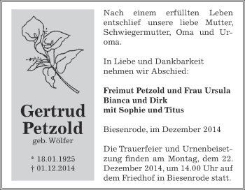 Traueranzeige von Gertrud Petzold von Wochenspiegel Mansfelder Land