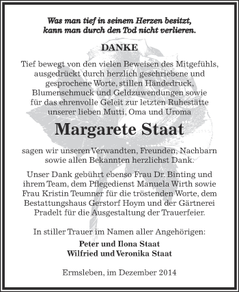 Traueranzeige von Margarete Staat von Super Sonntag Aschersleben