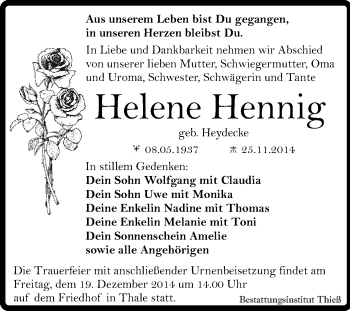 Traueranzeige von Helene Hennig von Super Sonntag Quedlinburg