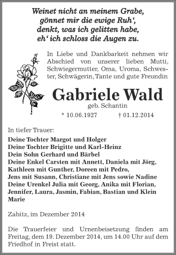 Traueranzeige von Gabriele Wald von Wochenspiegel Mansfelder Land