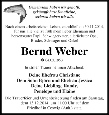 Traueranzeige von Bernd Weber von WVG - Wochenspiegel Dessau / Köthen