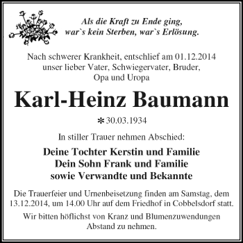 Traueranzeige von Karl-Heinz Baumann von WVG - Wochenspiegel Dessau / Köthen