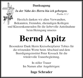 Traueranzeige von Bernd Apitz von WVG - Wochenspiegel Dessau / Köthen