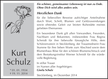 Traueranzeige von Kurt Schulz von WVG - Wochenspiegel Quedlinburg