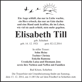 Traueranzeige von Elisabeth Till von WVG - Wochenspiegel NMB / WSF / ZTZ