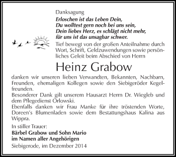 Traueranzeige von Heinz Grabow von Wochenspiegel Mansfelder Land