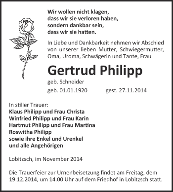 Traueranzeige von Gertrud Philipp von WVG - Wochenspiegel NMB / WSF / ZTZ