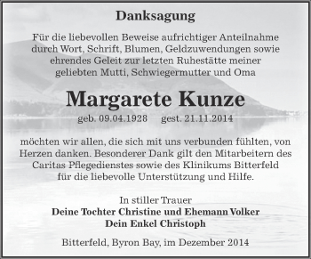 Traueranzeige von Margarete Kunze von WVG - Wochenspiegel Bitterfeld