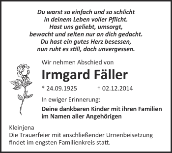 Traueranzeige von Irmgard Fäller von WVG - Wochenspiegel NMB / WSF / ZTZ