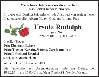 Traueranzeige von Ursula Rudolph von WVG - Wochenspiegel NMB / WSF / ZTZ