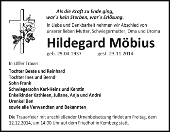 Traueranzeige von Hildegard Möbius von Super Sonntag Wittenberg