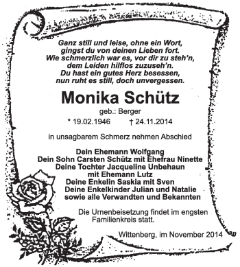 Traueranzeige von Monika Schütz von WVG - Wochenspiegel Wittenberg