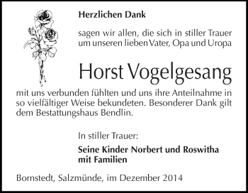 Traueranzeige von Horst Vogelgesang von Wochenspiegel Mansfelder Land