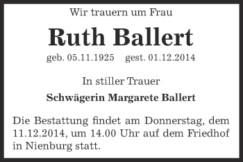 Traueranzeige von Ruth Ballert von Super Sonntag Bernburg