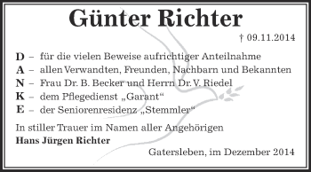 Traueranzeige von Günter Richter von Super Sonntag Aschersleben