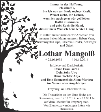 Traueranzeige von Lothar Mangolß von WVG - Wochenspiegel NMB / WSF / ZTZ