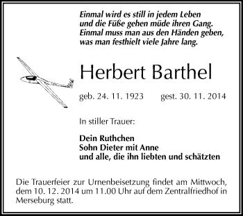 Traueranzeige von Herbert Barthel von WVG - Wochenspiegel Merseburg