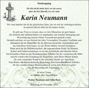 Traueranzeige von Karin Neumann von Super Sonntag Wittenberg