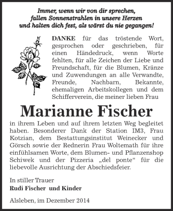 Traueranzeige von Marianne Fischer von Super Sonntag Bernburg