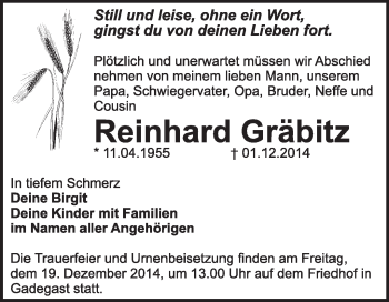 Traueranzeige von Reinhard Gräbitz von WVG - Wochenspiegel Wittenberg