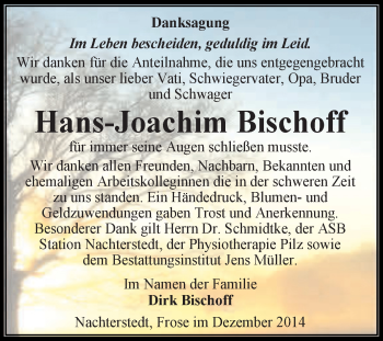 Traueranzeige von Hans-Joachim Bischoff von Super Sonntag Aschersleben