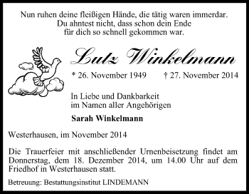 Traueranzeige von Lutz Winkelmann von Super Sonntag Quedlinburg