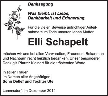 Traueranzeige von Elli Schapelt von Super Sonntag Wittenberg