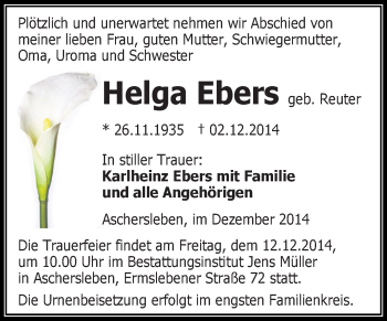 Traueranzeige von Helga Ebers von Super Sonntag Aschersleben