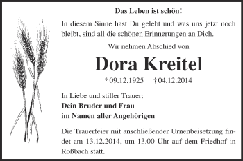 Traueranzeige von Dora Kreitel von WVG - Wochenspiegel NMB / WSF / ZTZ