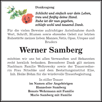 Traueranzeige von Werner Samberg von WVG - Wochenspiegel Dessau / Köthen