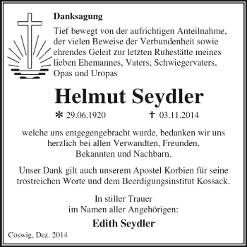 Traueranzeige von Helmut Seydler von WVG - Wochenspiegel Dessau / Köthen