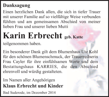 Traueranzeige von Karin Erbrecht von WVG - Wochenspiegel Quedlinburg