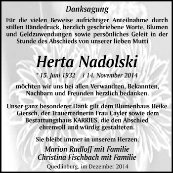 Traueranzeige von Herta Nadolski von WVG - Wochenspiegel Quedlinburg