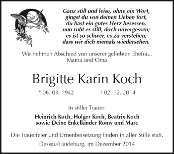 Traueranzeige von Brigitte Karin Koch von WVG - Wochenspiegel Dessau / Köthen