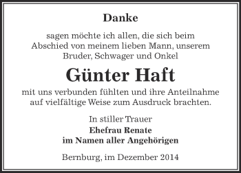 Traueranzeige von Günter Haft von Super Sonntag Bernburg