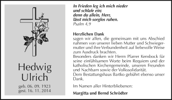 Traueranzeige von Hedwig Ulrich von WVG - Wochenspiegel Dessau / Köthen