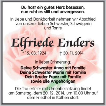 Traueranzeige von Elfriede Enders von WVG - Wochenspiegel Dessau / Köthen
