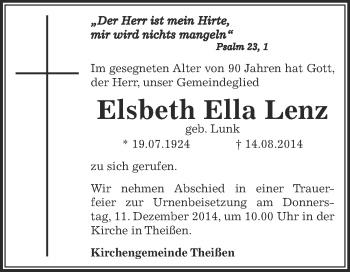 Traueranzeige von Elsbeth Ella Lenz von Super Sonntag Zeitz
