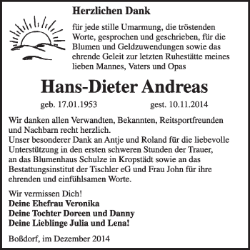 Traueranzeige von Hans-Dieter Andreas von WVG - Wochenspiegel Wittenberg