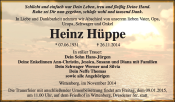 Traueranzeige von Heinz Hüppe von WVG - Wochenspiegel Wittenberg