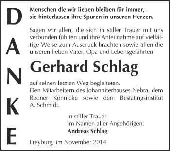 Traueranzeige von Gerhard Schlag von WVG - Wochenspiegel NMB / WSF / ZTZ