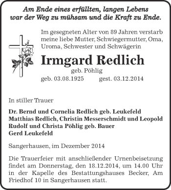 Traueranzeige von Irmgard Redlich von Super Sonntag SGH Mansf. Land