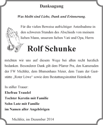 Traueranzeige von Rolf Schunke von WVG - Wochenspiegel NMB / WSF / ZTZ