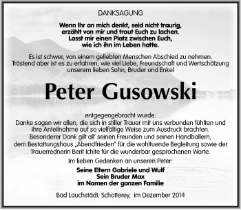 Traueranzeige von Peter Gusowski von WVG - Wochenspiegel Merseburg