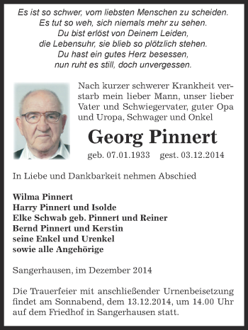 Traueranzeige von Georg Pinnert von Super Sonntag SGH Mansf. Land