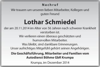 Traueranzeige von Lothar Schmiede von WVG - Wochenspiegel Merseburg
